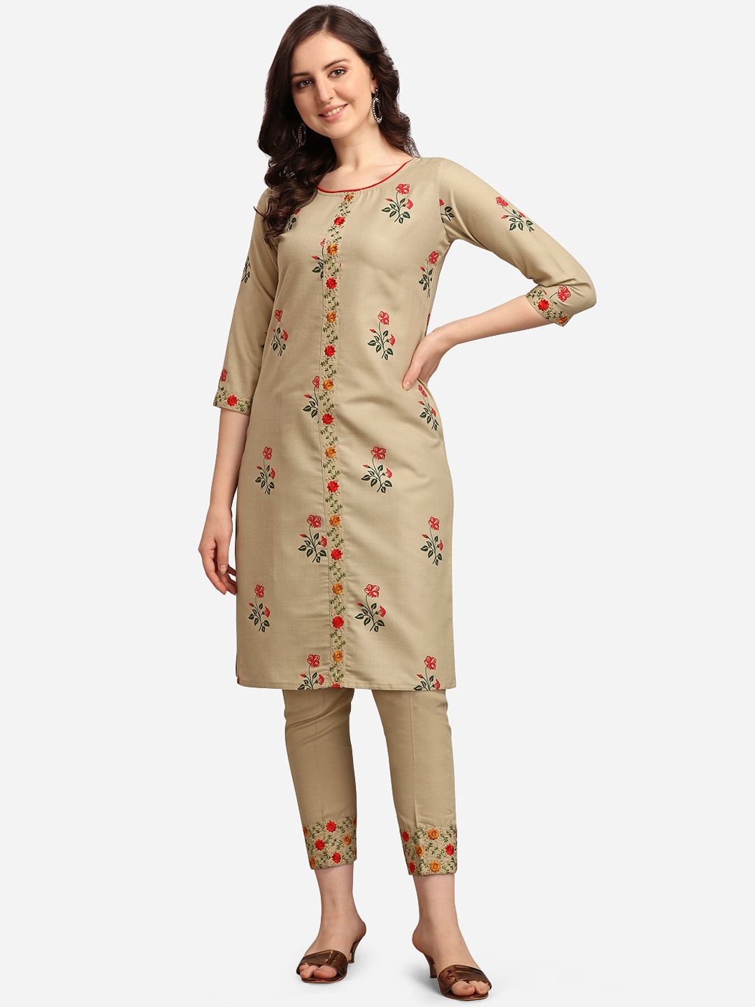 

Youthnic Women Cream-Coloured Floral Embroidered Regular Kurta with Trousers
