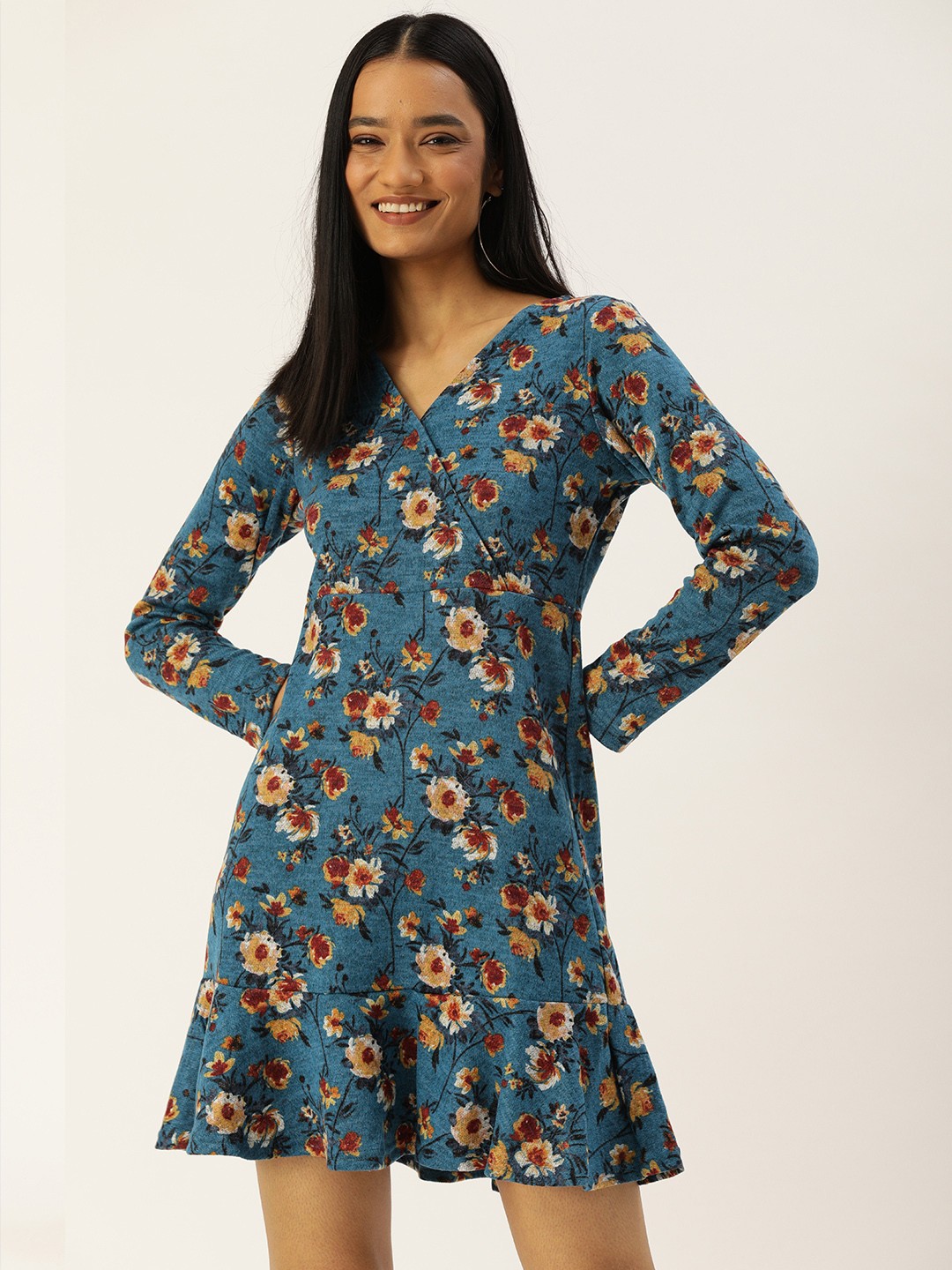 

AND Teal Blue & Rust Brown Floral Print Flounce Hem Wrap Dress