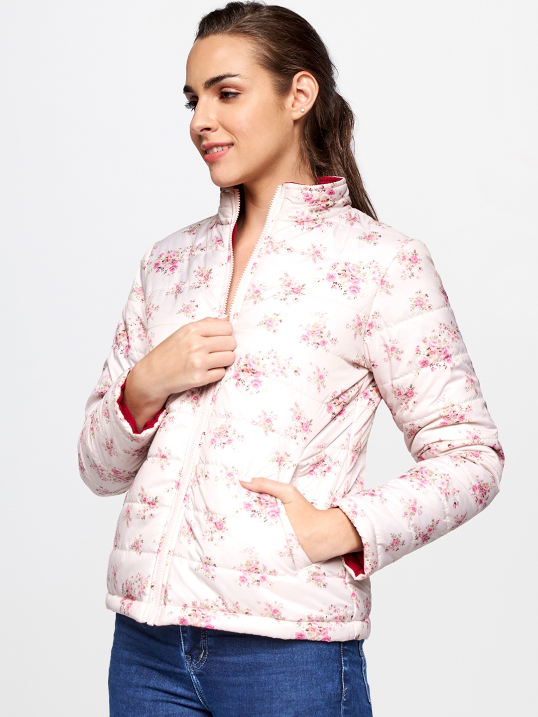 

AND Women Cream-Coloured & Pink Floral Print Padded Jacket
