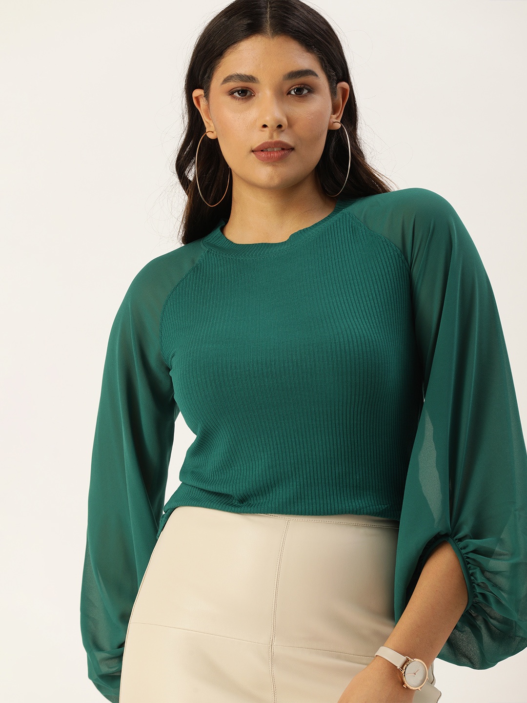 

AND Teal Green Ribbed Bell Sleeves Regular Top