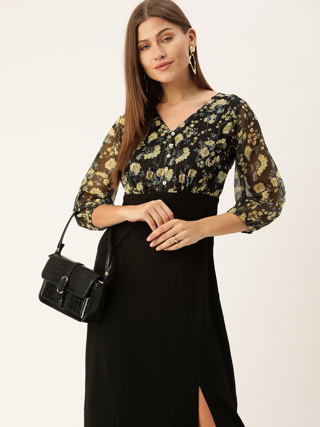 

AND Women Black & Yellow Floral V Neck Bodycon Maxi Dress, Pink