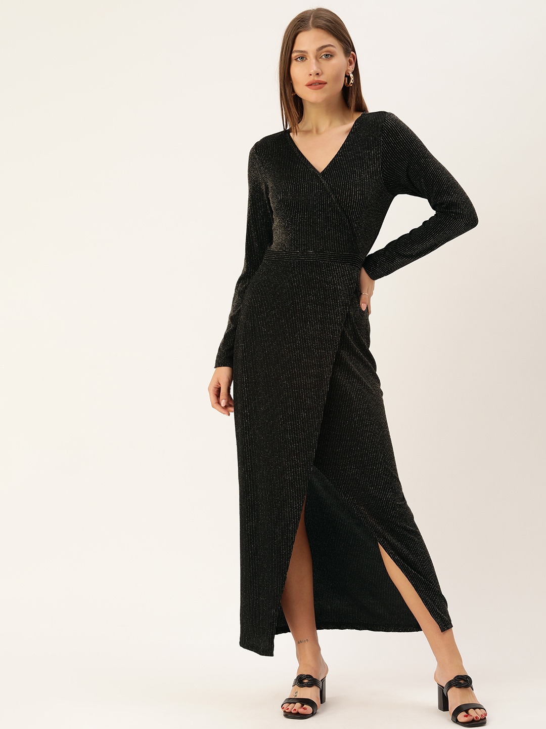 

AND Black & Gunmetal-Toned Striped Shimmer Effect Maxi Dress