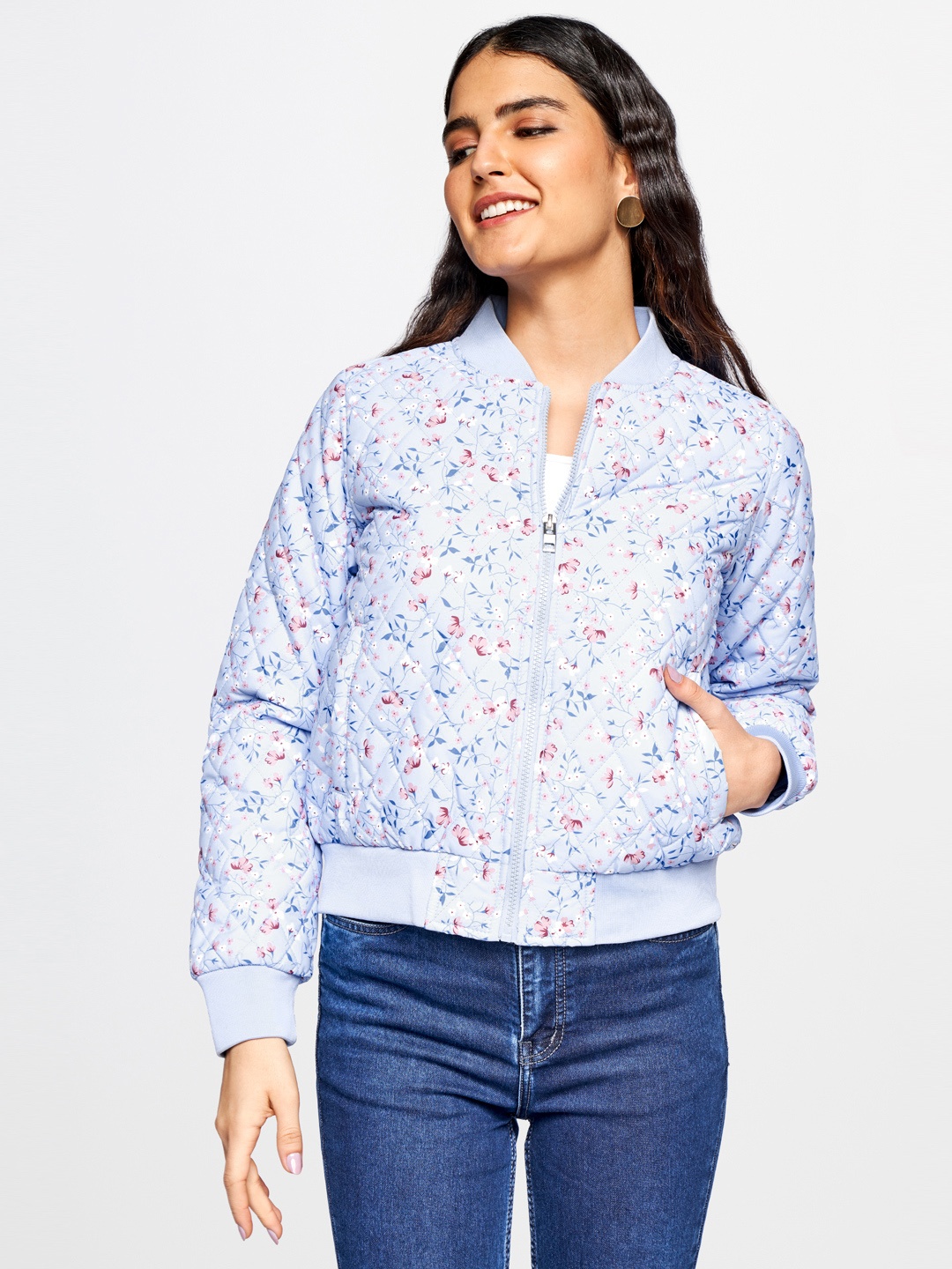 

AND Women Blue & Pink Floral Printed Quilted Jacket