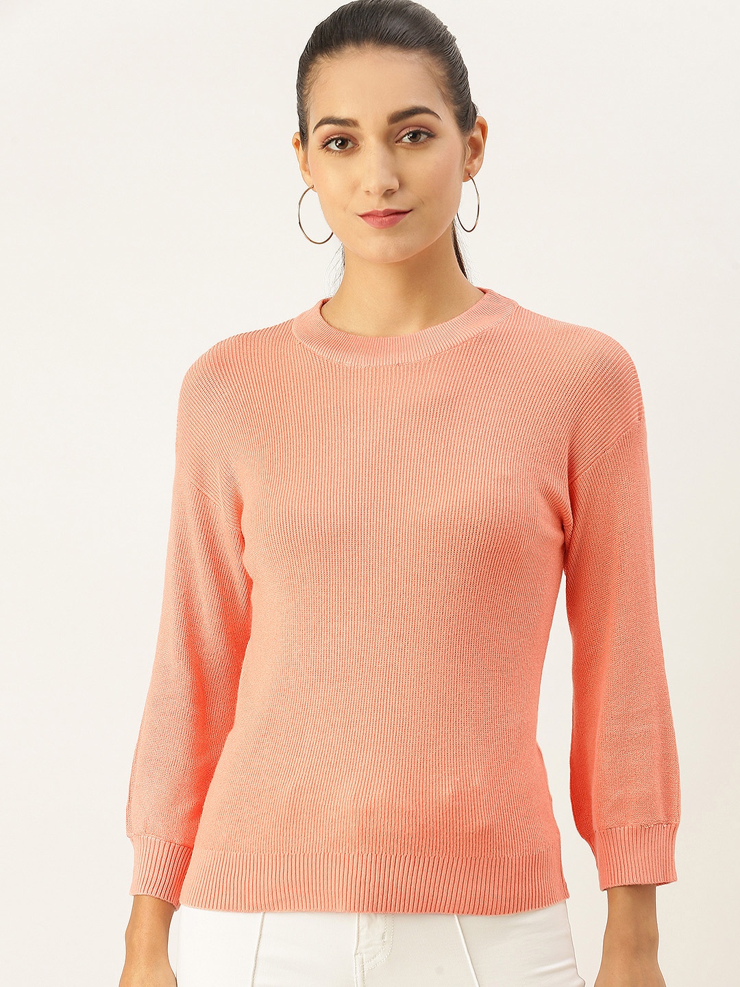 

AND Women Peach-Coloured Ribbed Pullover