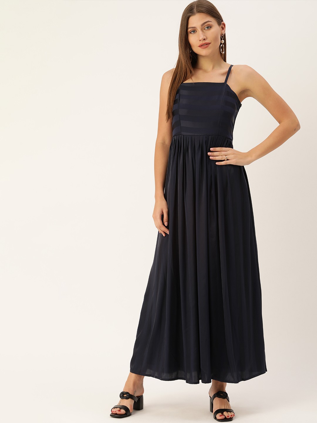 

AND Women Navy Blue Striped Shoulder Strap A-Line Maxi Dress