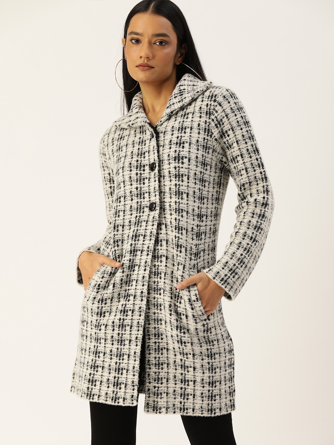 

AND Women White & Black Self Design Longline Tailored Jacket