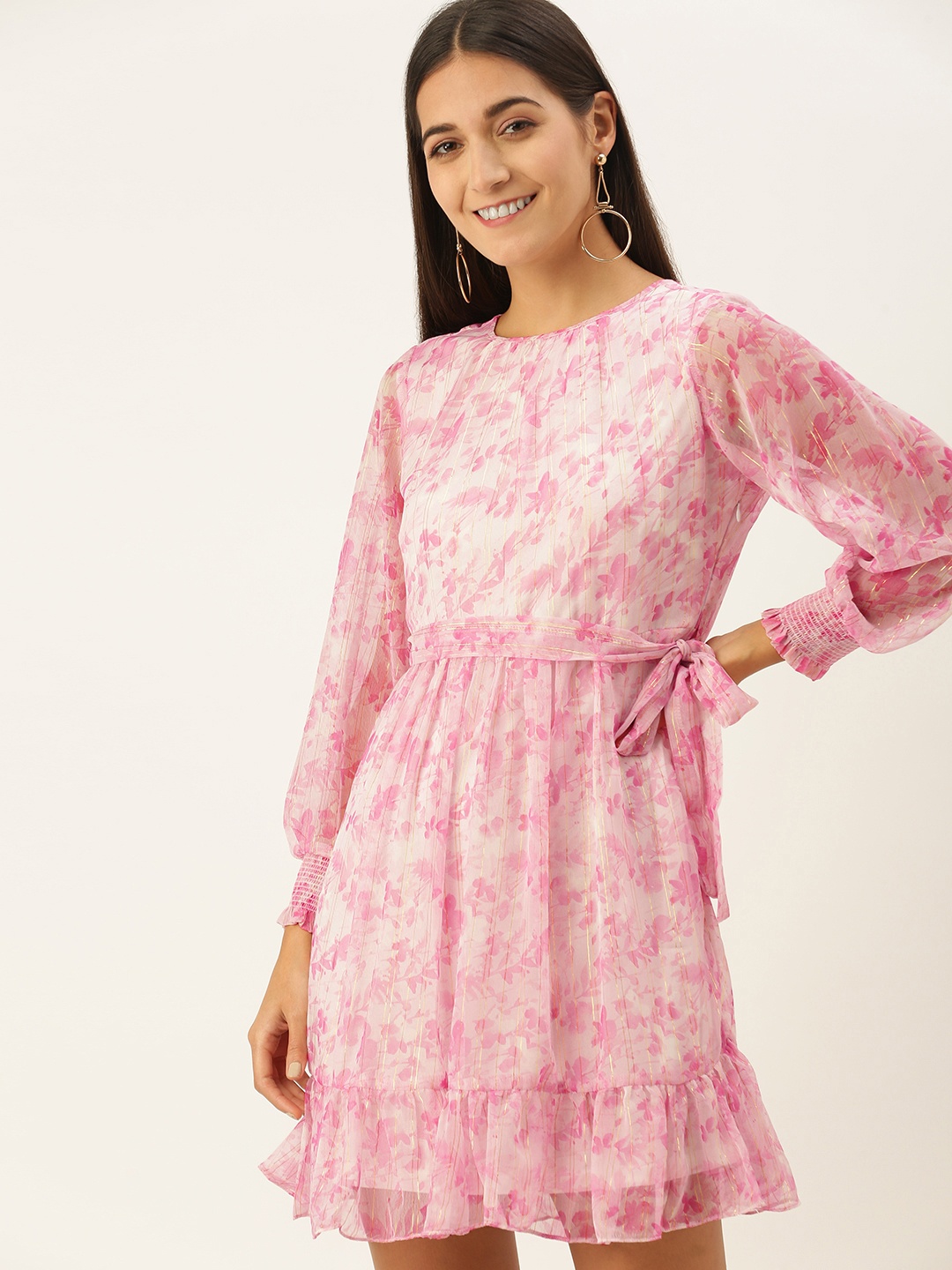

AND Pink Floral Chiffon Flounce Dress