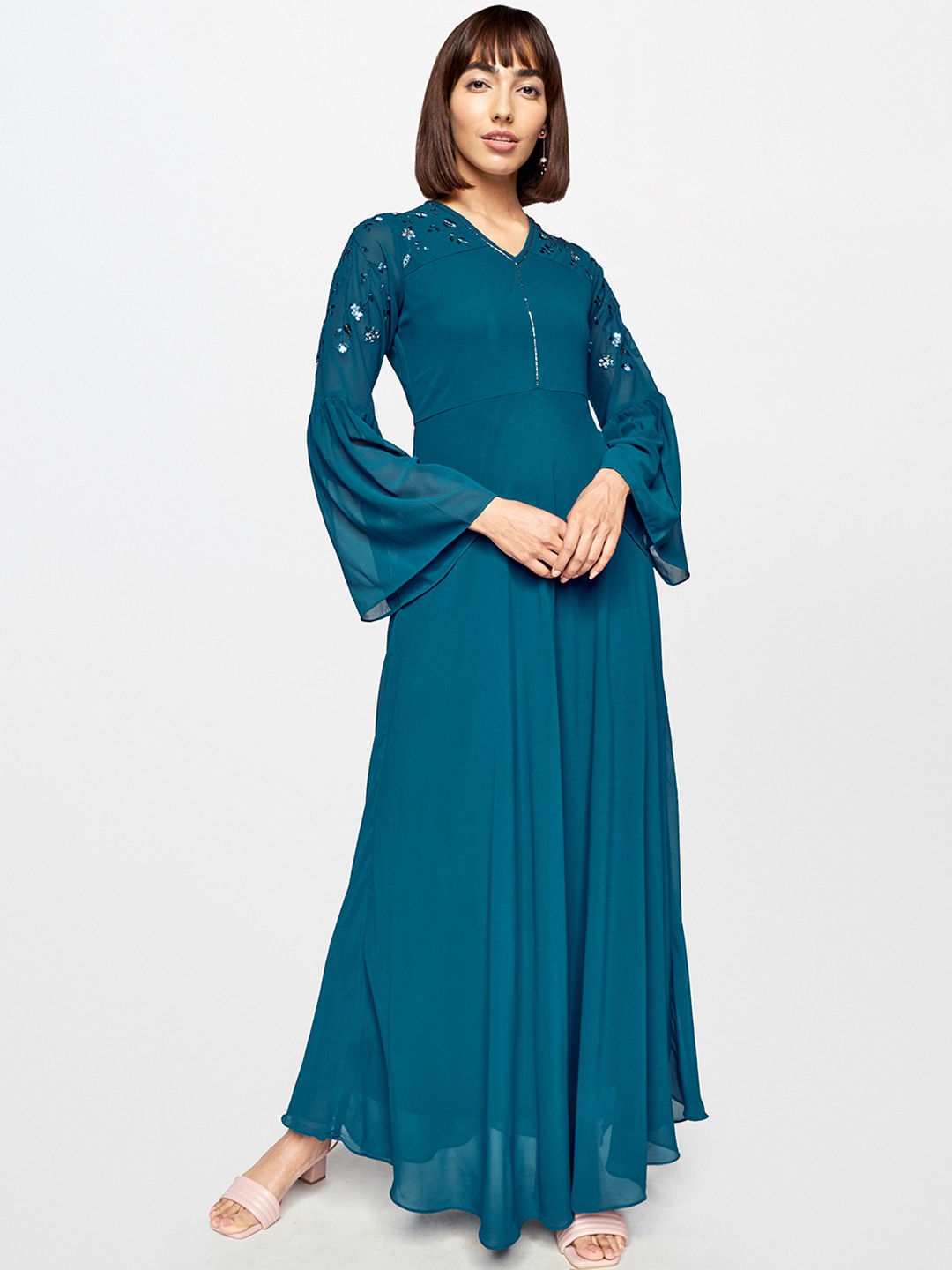 

AND Women Teal Embellished A-Line Maxi Dress