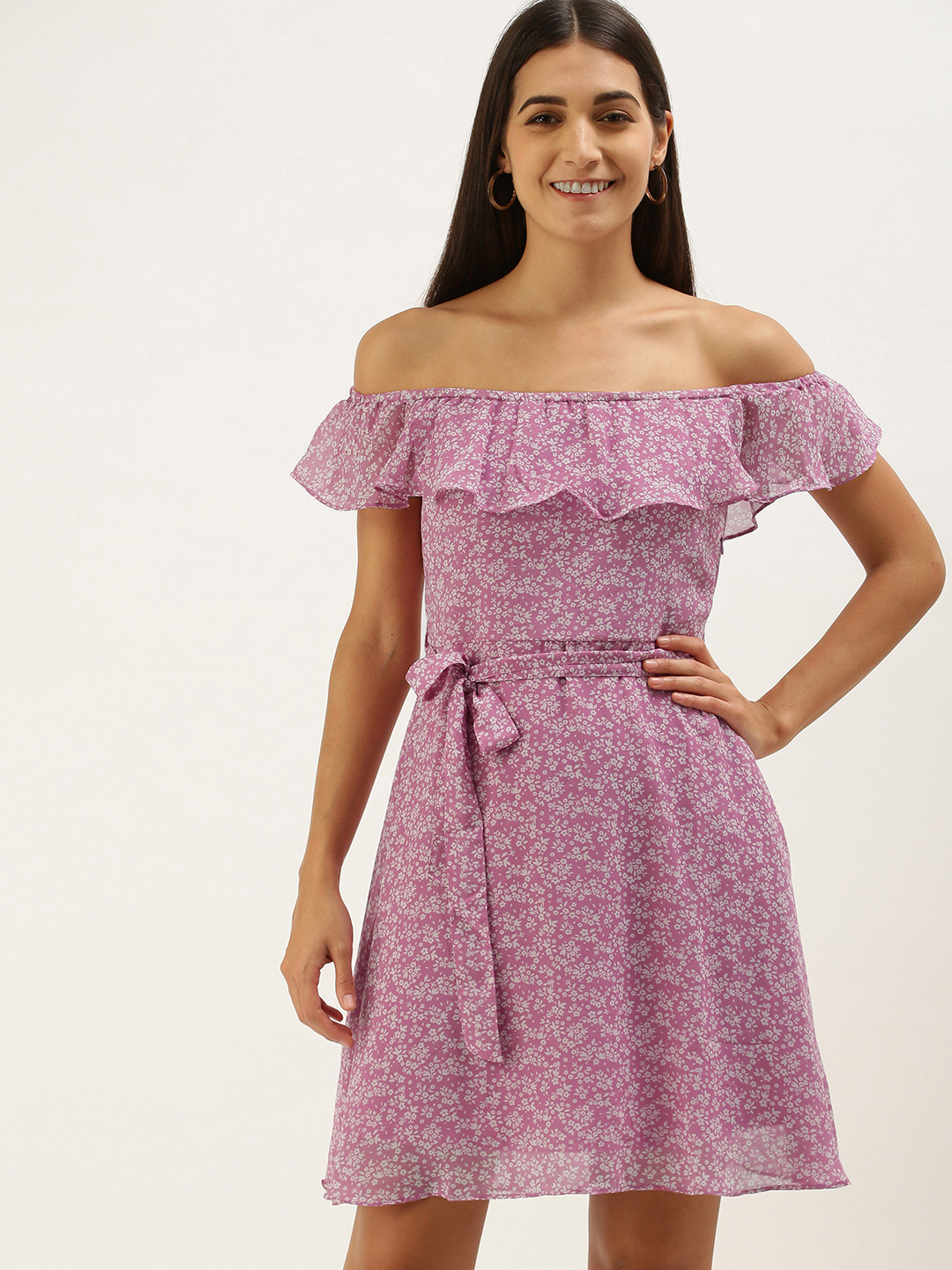 

AND Lavender Floral Off-Shoulder A-Line Dress