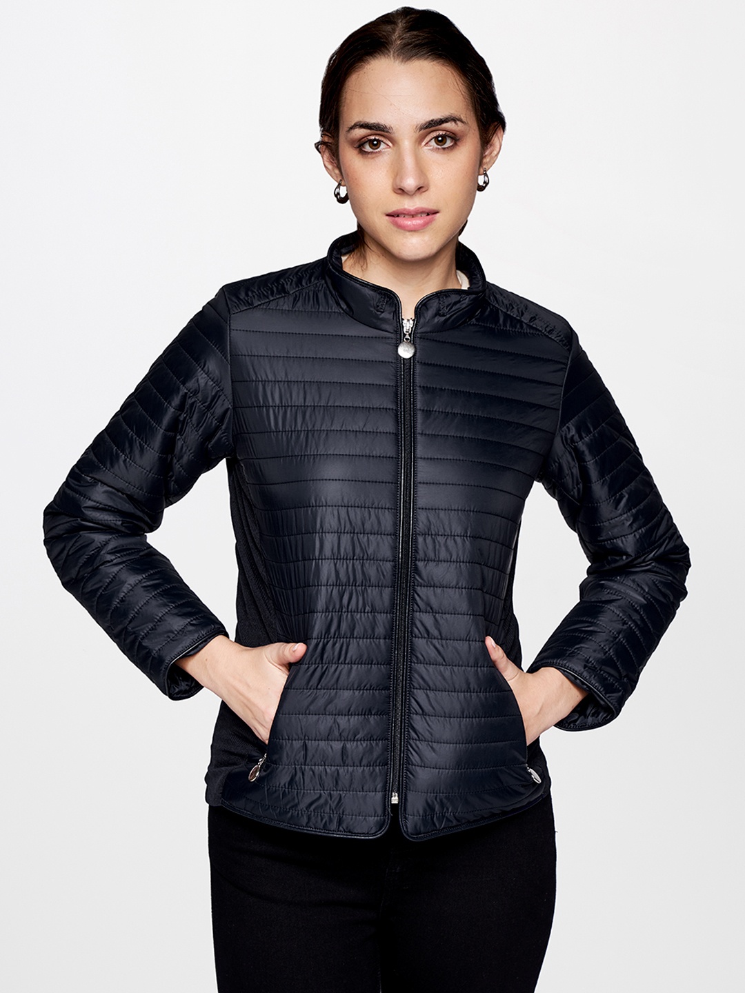 

AND Women Navy Blue Solid Padded Jacket