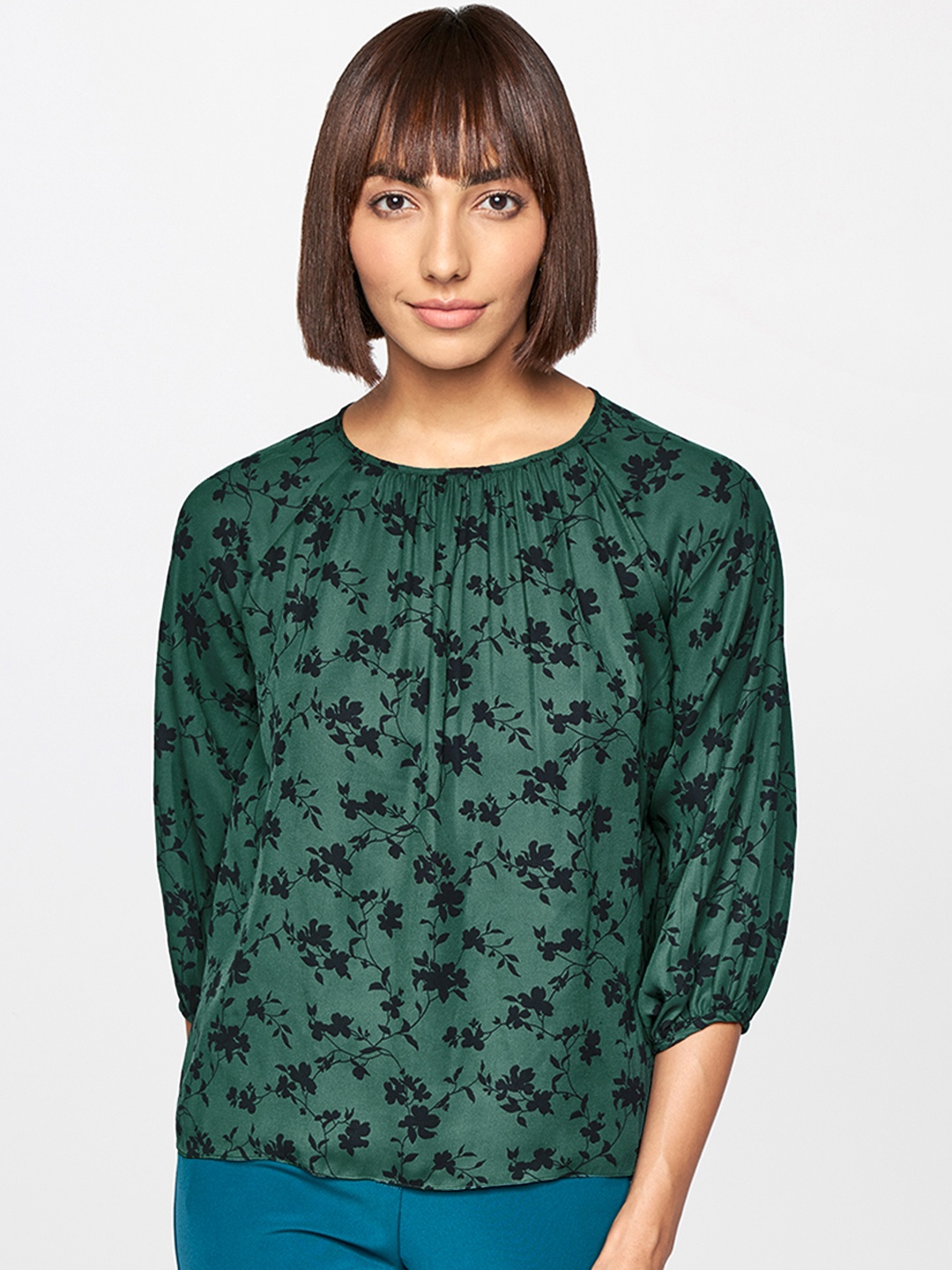 

AND Green & Black Floral Print Top