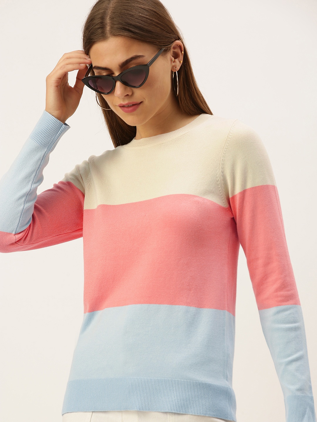 

AND Women Cream-Coloured & Peach-Coloured Colourblocked Pullover
