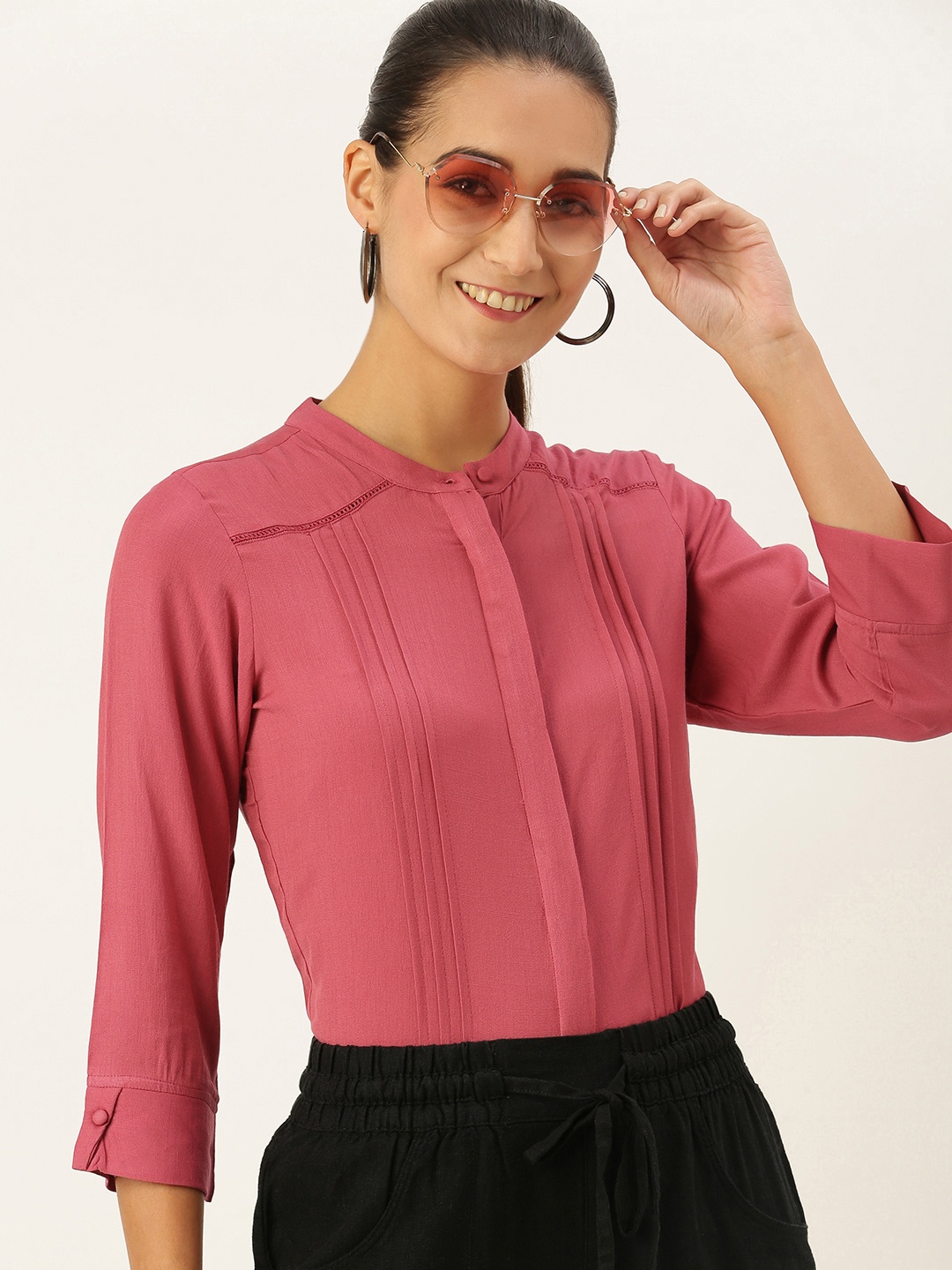 

AND Solid Pink Gathered Pleated Regular Top