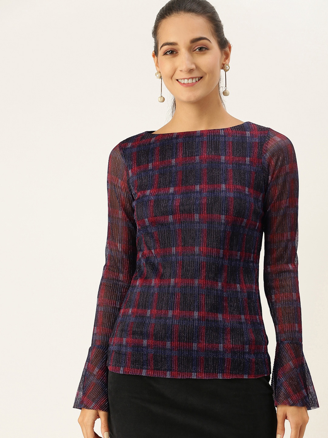 

AND Navy Blue & Red Checked Bell Sleeves Regular Top