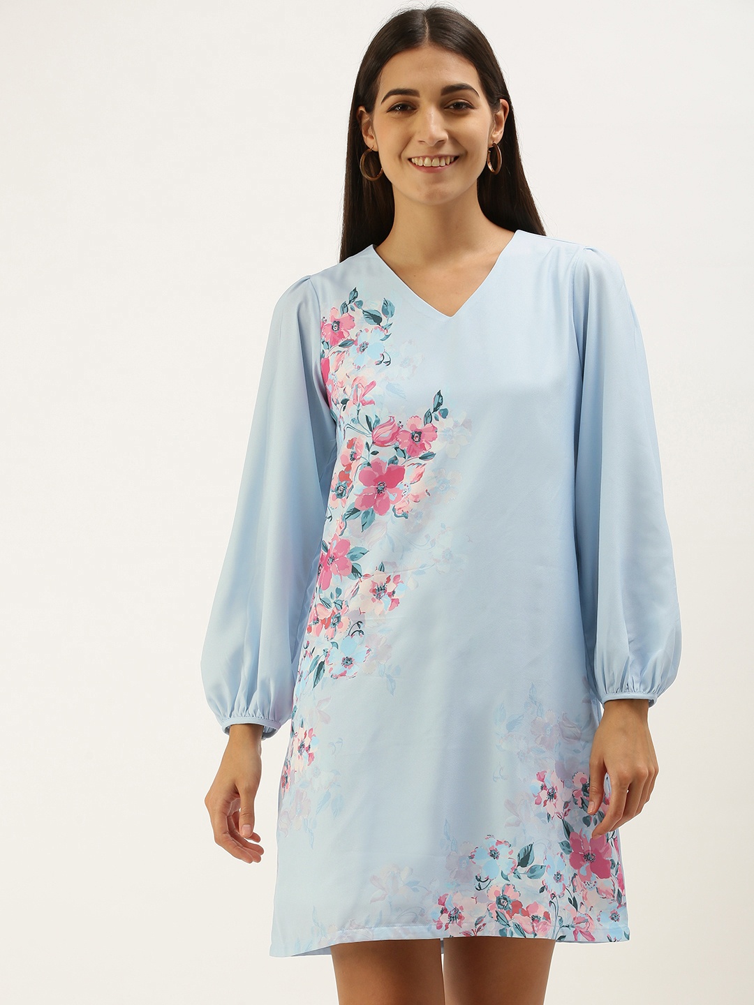 

AND Blue Floral A-Line Puff Sleeve Dress