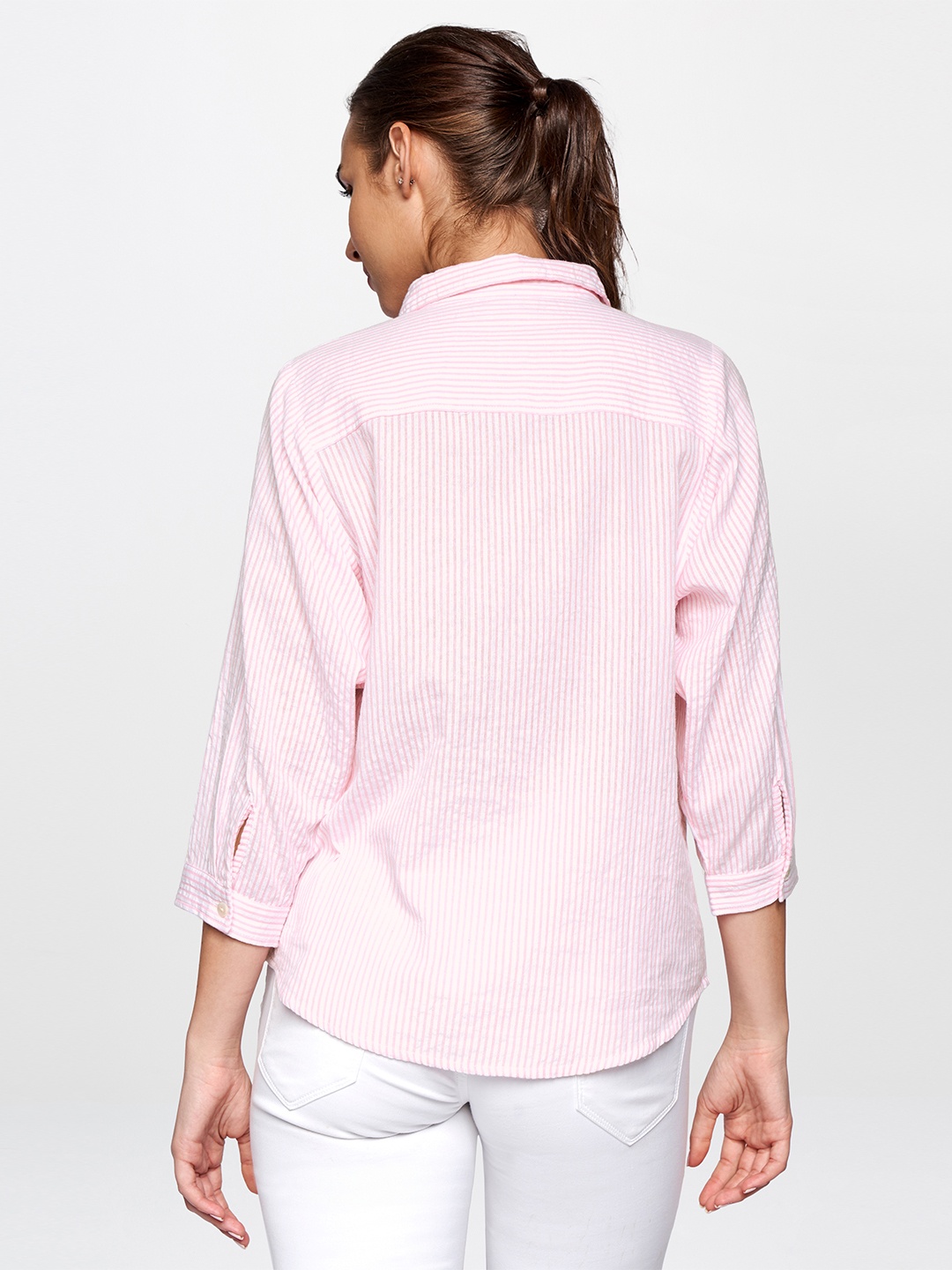 

AND Women White & Pink Striped Pure Cotton Shirt Collar Top