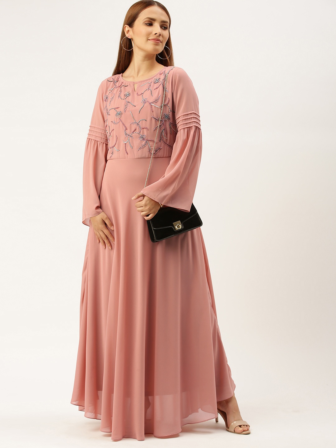 

AND Pink Embellished Flared Sleeve Maxi Dress