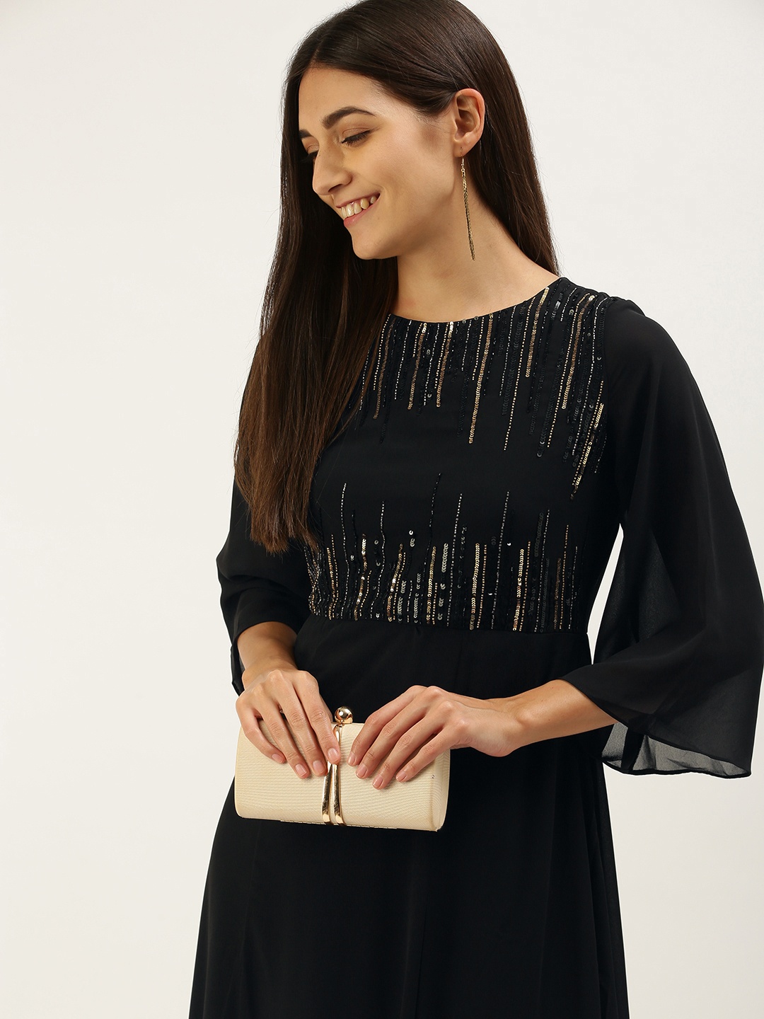 

AND Black Embellished Maxi Flared Sleeve Dress