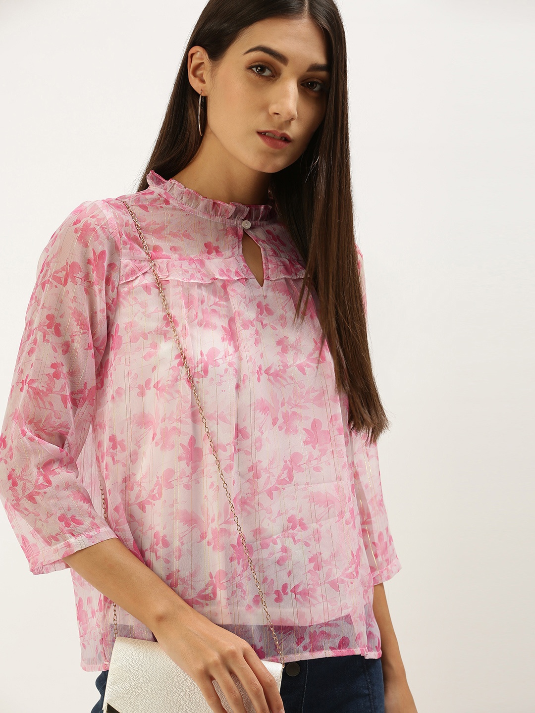 

AND Pink Floral Keyhole Neck Regular Top