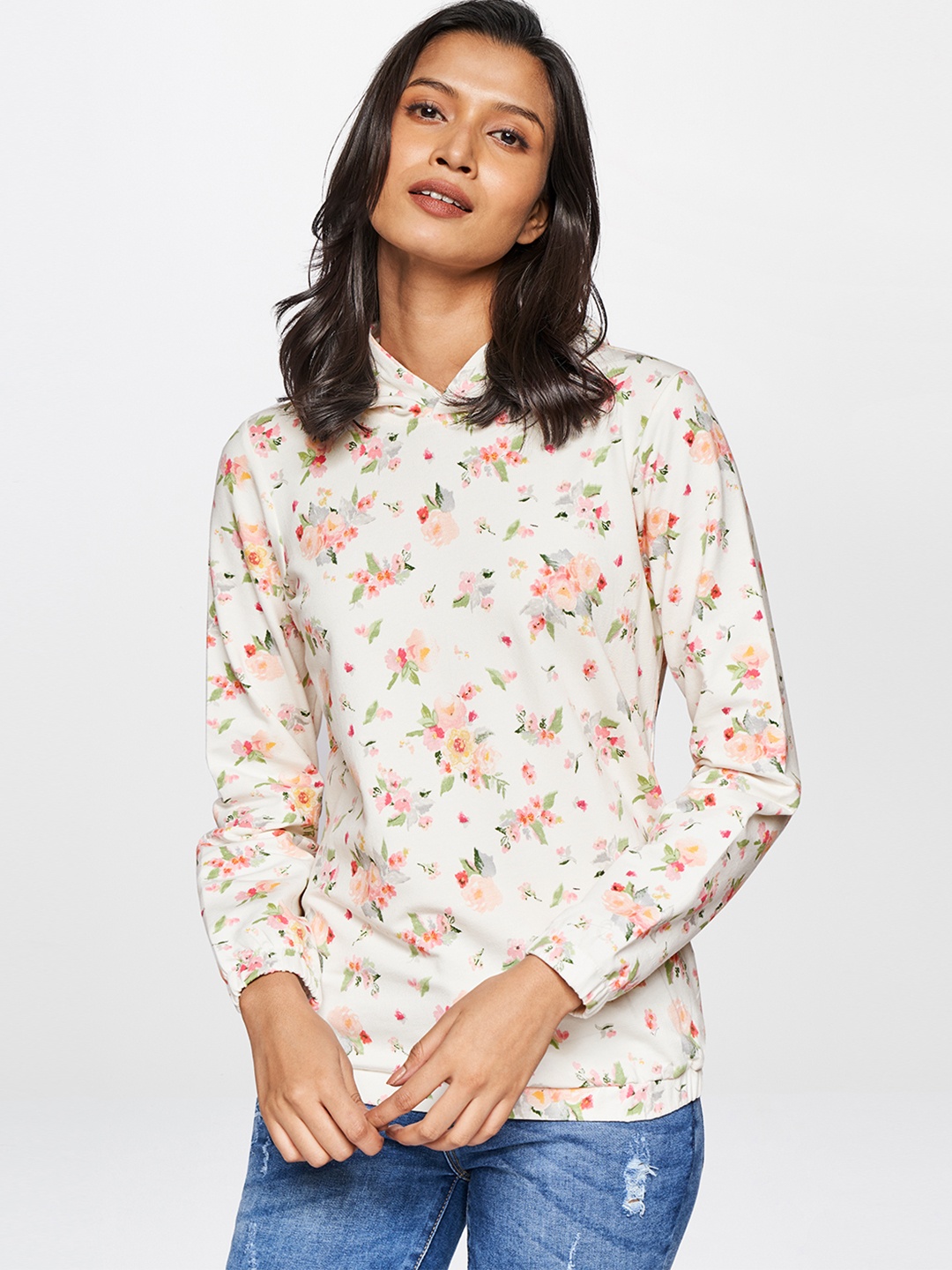 

AND White Floral Pure Cotton Hooded Regular Top