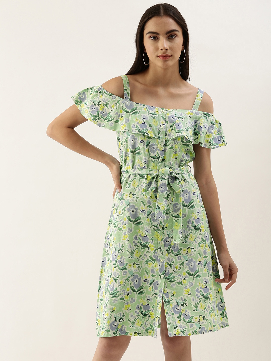 

AND Green & Blue Floral Printed Cold Shoulder A-Line Dress