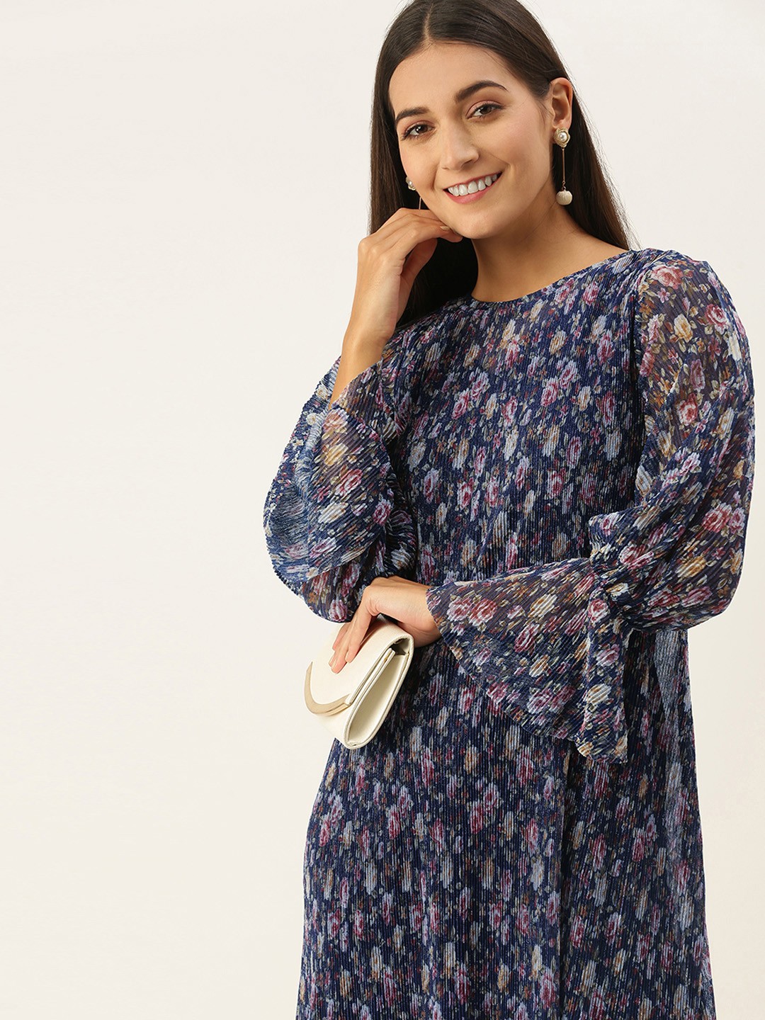 

AND Multicoloured Floral Accordion Pleats Bell Sleeves A-Line Dress, Multi