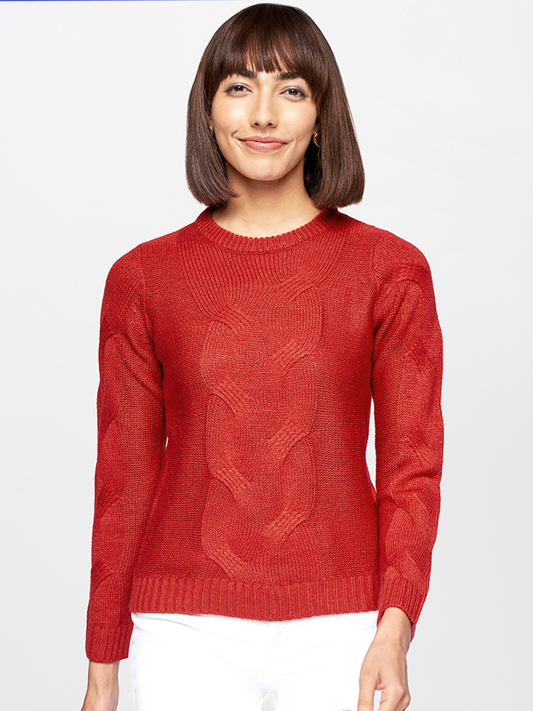 

AND Women Red Self Design Pullover Sweater