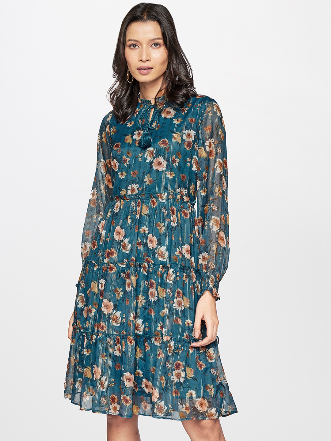 

AND Teal Blue & Brown Floral Tie-Up Neck Tiered Dress