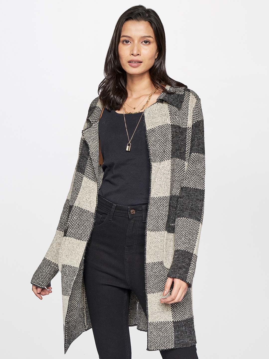 

AND Women Black Beige Checked Acrylic Longline Open Front Jacket
