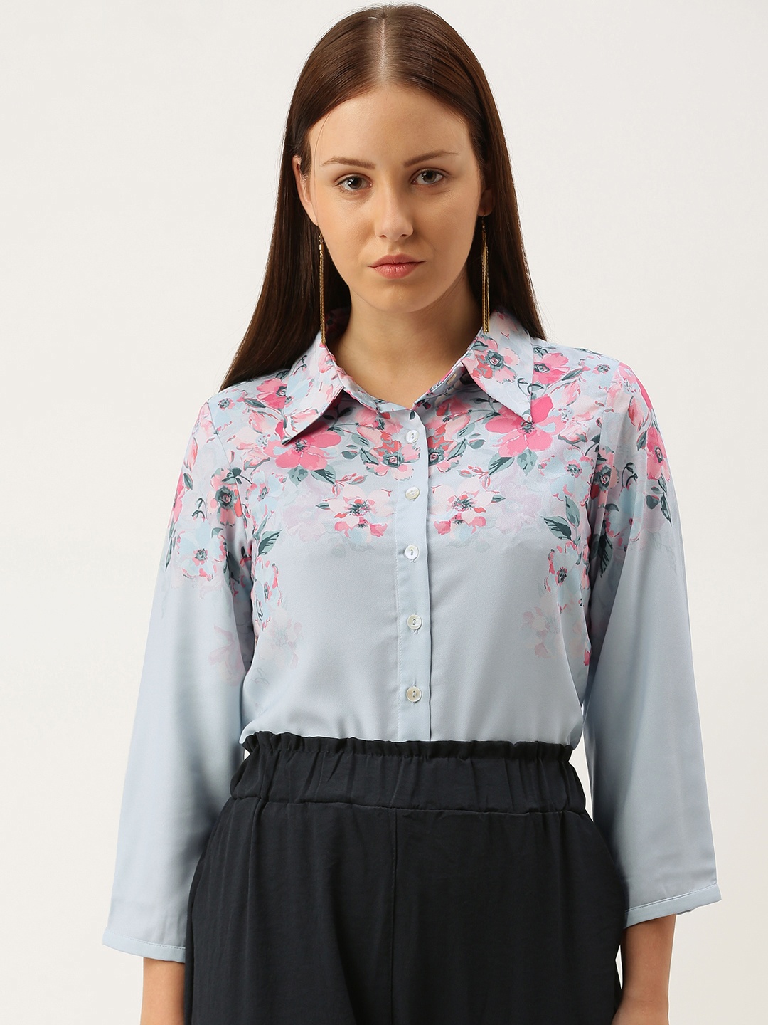 

AND Blue Floral Cuffed Sleeves Shirt Style Top