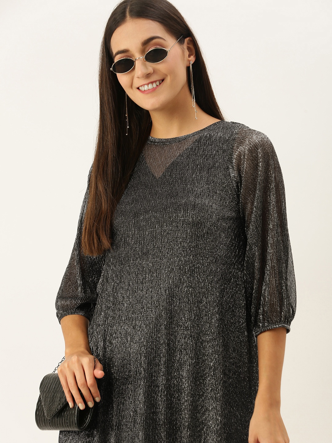 

AND Women Silver-Coloured & Black Sheen A-Line Dress