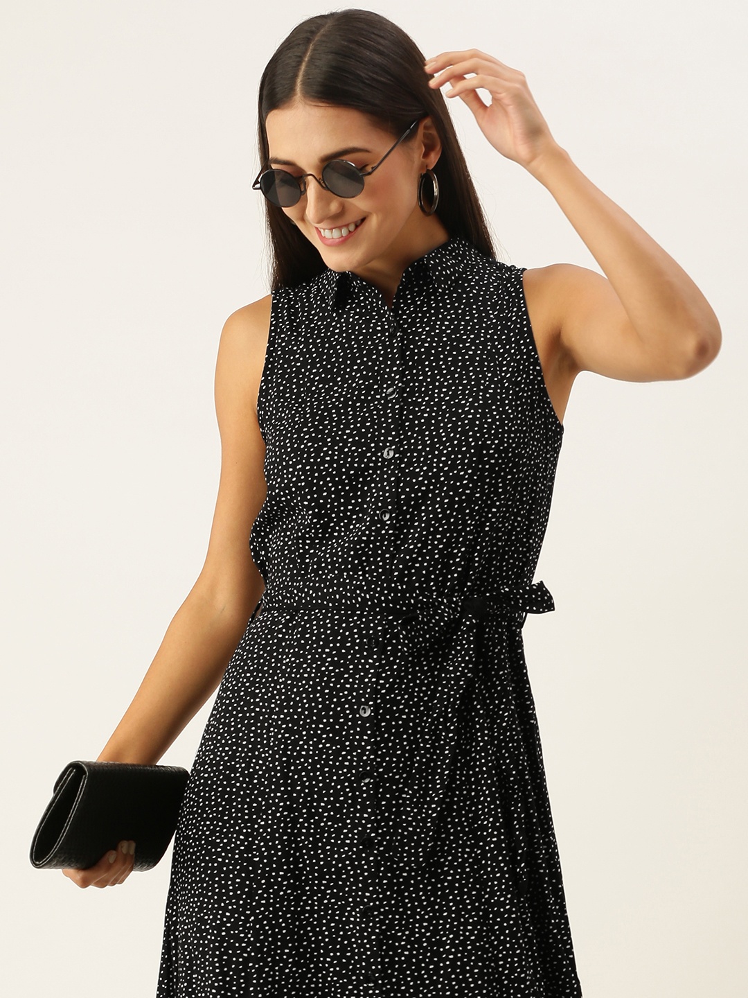 

AND Women Black & White Printed Midi Shirt Dress