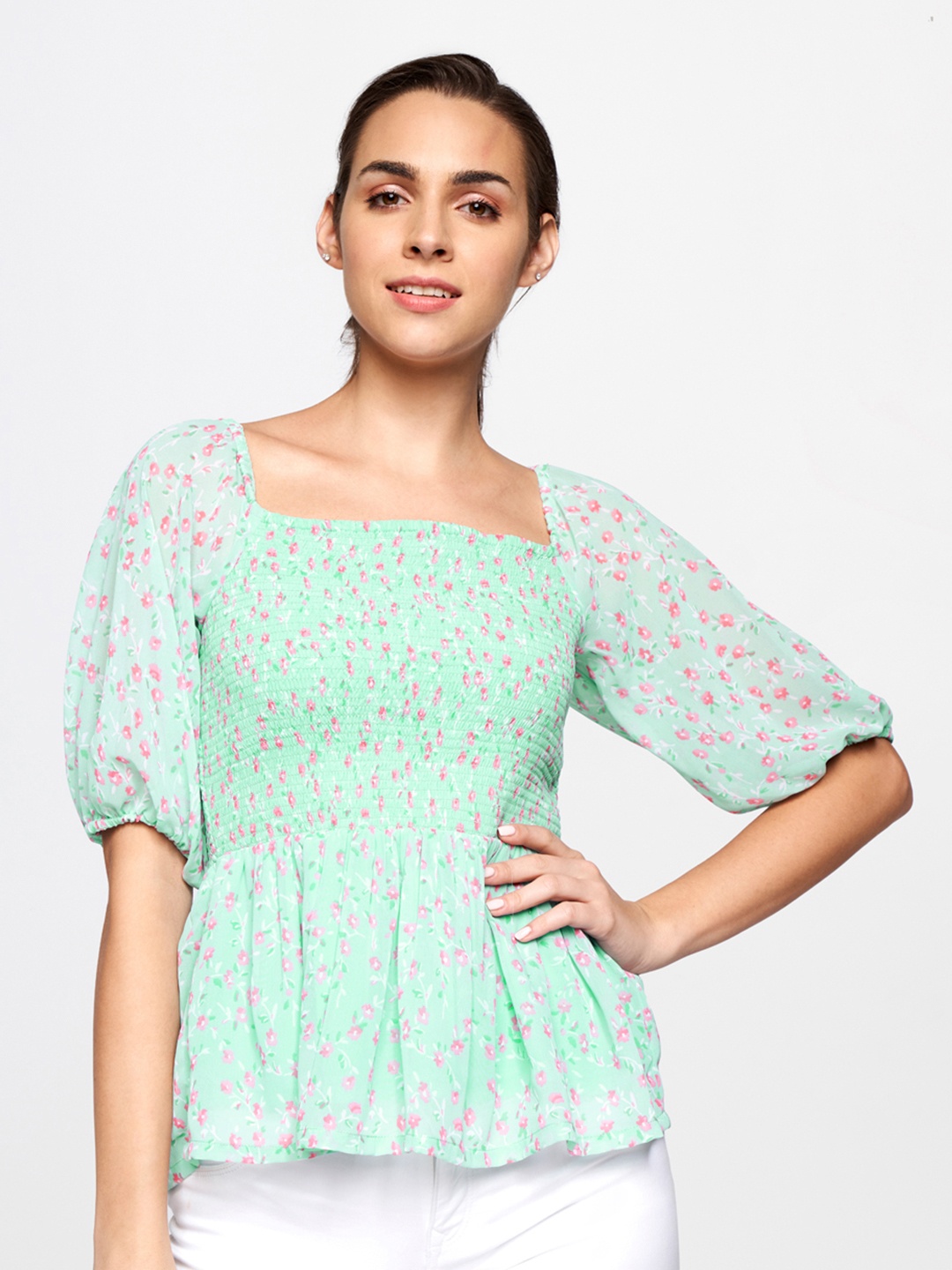 

AND Green & Pink Ditsy Floral Print Smocking A-Line Top