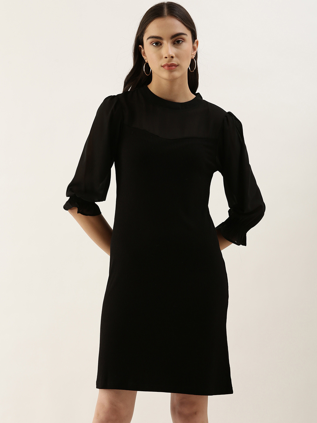 

AND Black Solid Mandarin Neck Casual Bodycon Dress