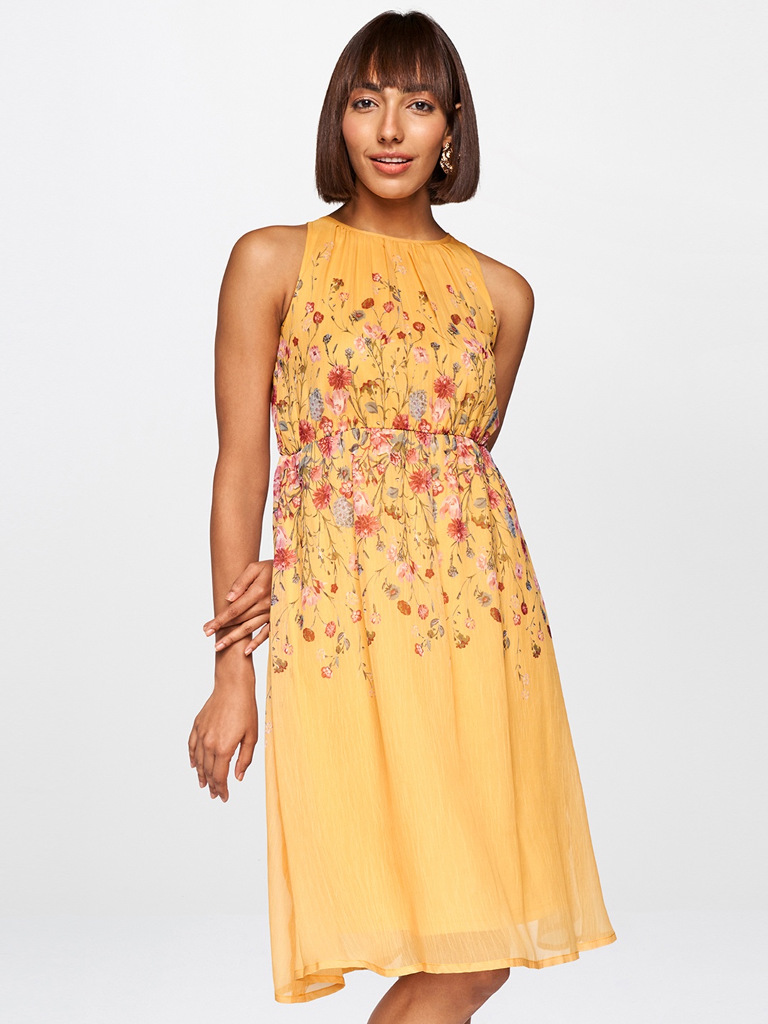 

AND Yellow & Pink Floral Boat Neck Fit & Flare Dress