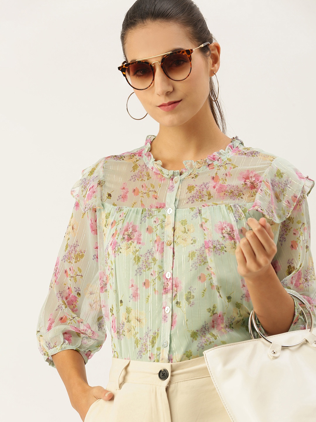 

AND Green & Pink Floral Printed Ruffles Shirt Style Top with Zari Detailing