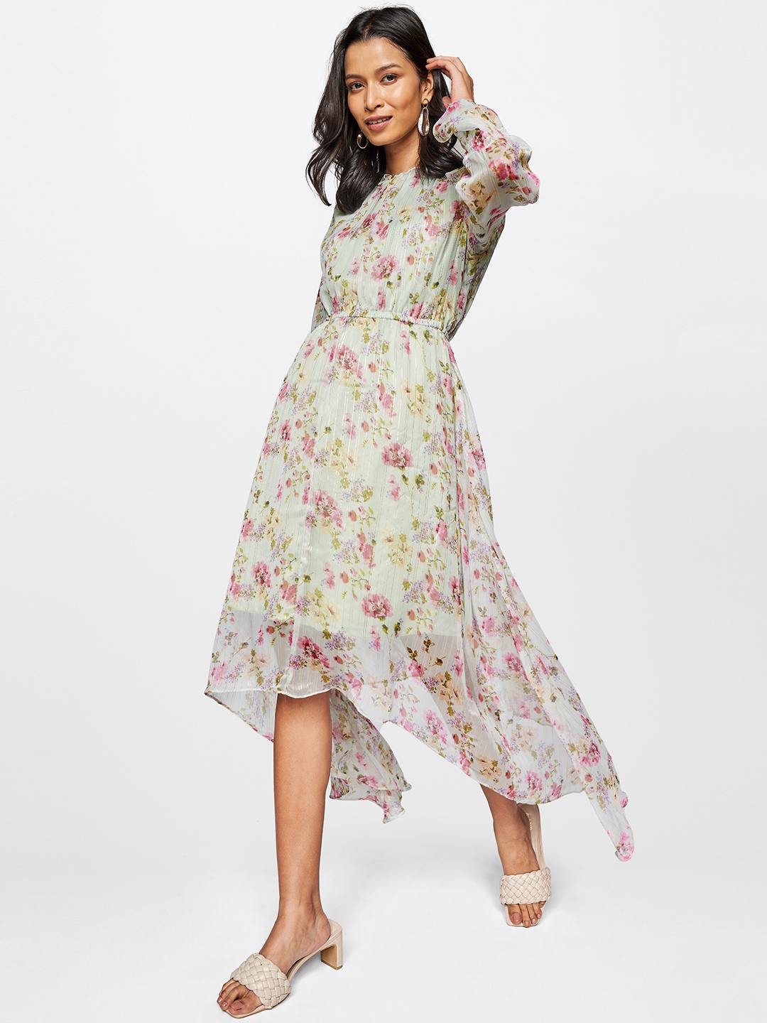 

AND Women Green & Pink Floral Print A-Line Midi Dress