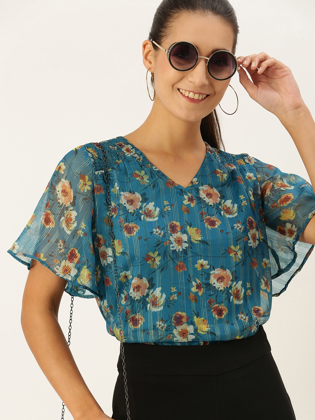 

AND Teal Floral Regular Semi Sheer V-Neck Top