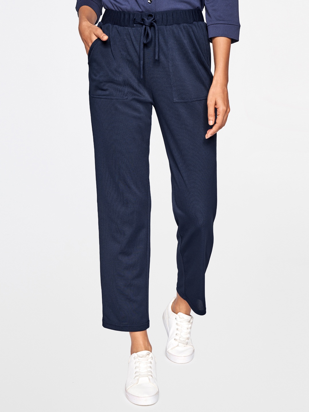 

AND Women Navy Blue Tapered Fit High-Rise Trousers