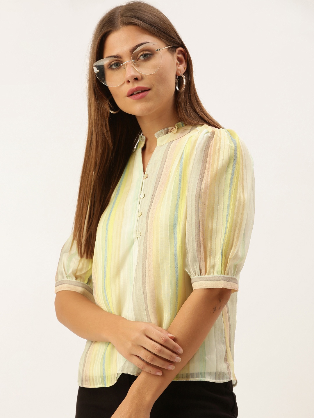 

AND Women Multicoloured Striped Mandarin Collar Regular Top, Multi