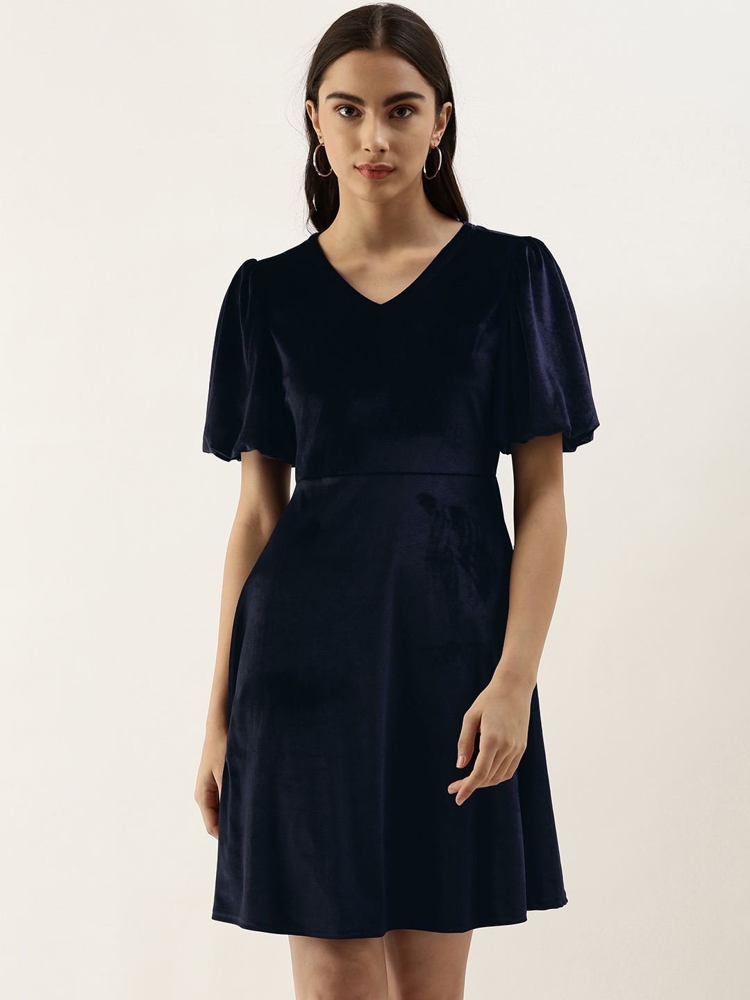 

AND Navy Blue Solid V Neck Flared Sleeves Casual A-Line Dress