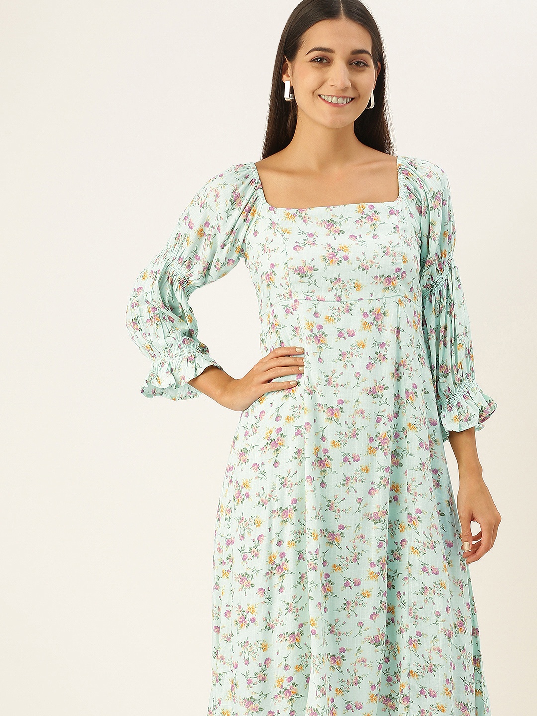 

AND Green & Pink Floral Smocked Puff Sleeves A-Line Midi Dress