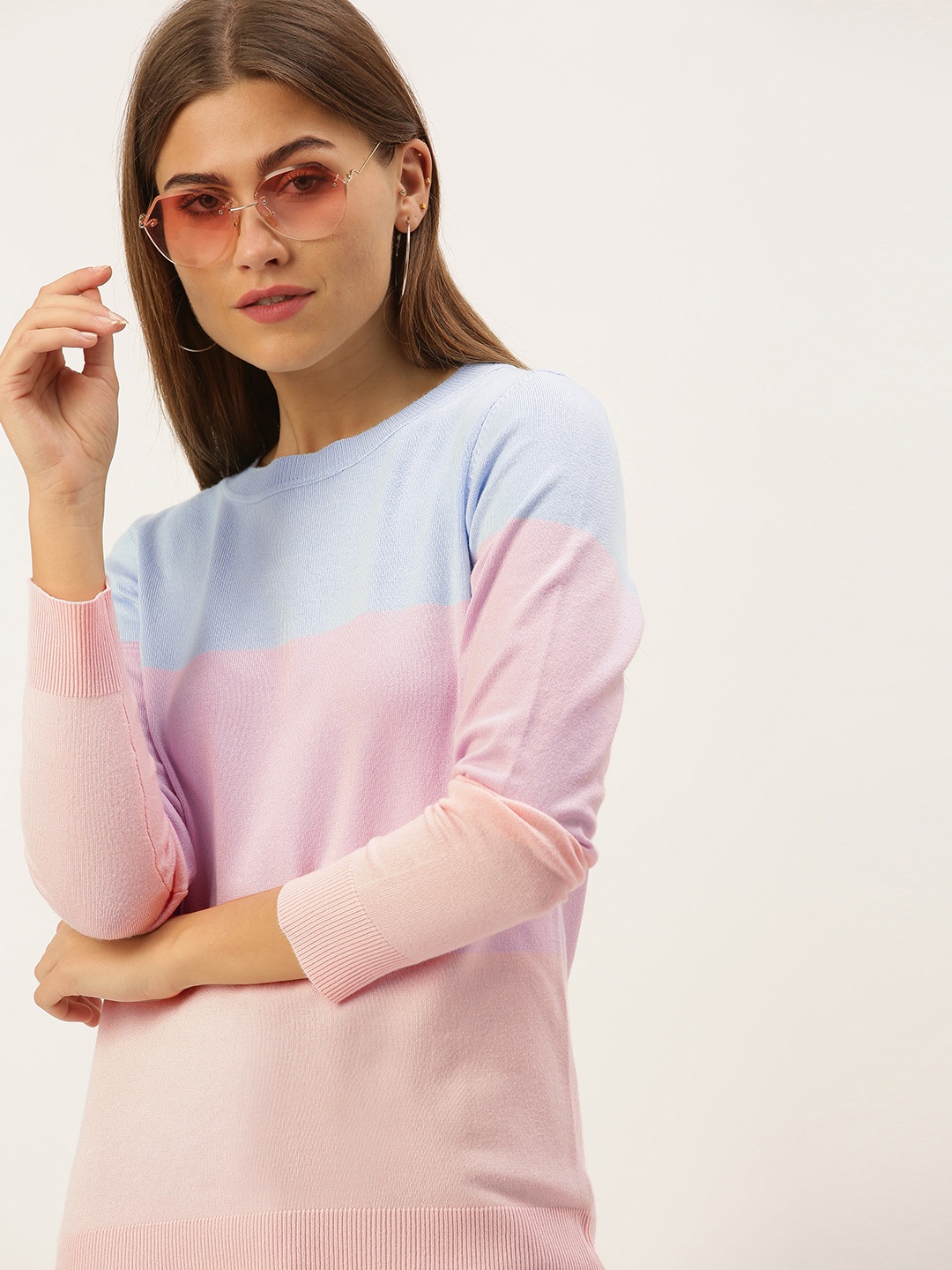 

AND Women Blue & Pink Colourblocked Pullover