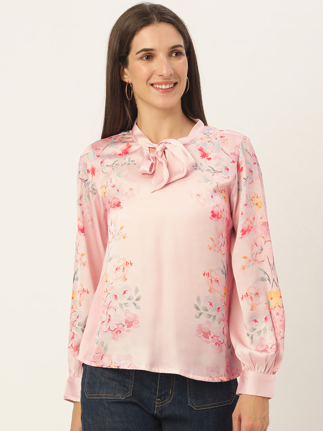

AND Pink & Red Floral Print Tie-Up Neck Top