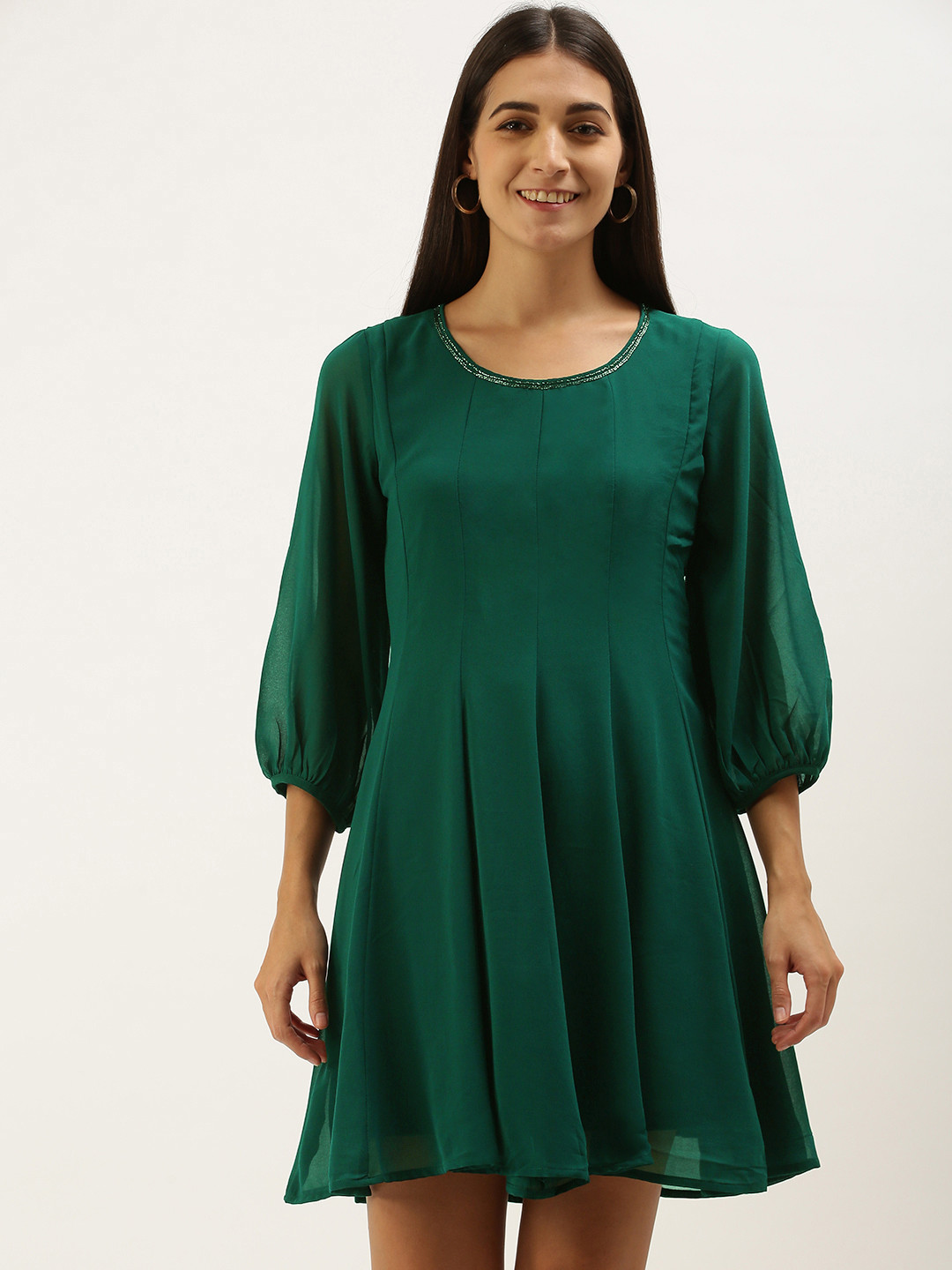 

AND Green A-Line Puff Sleeve Dress