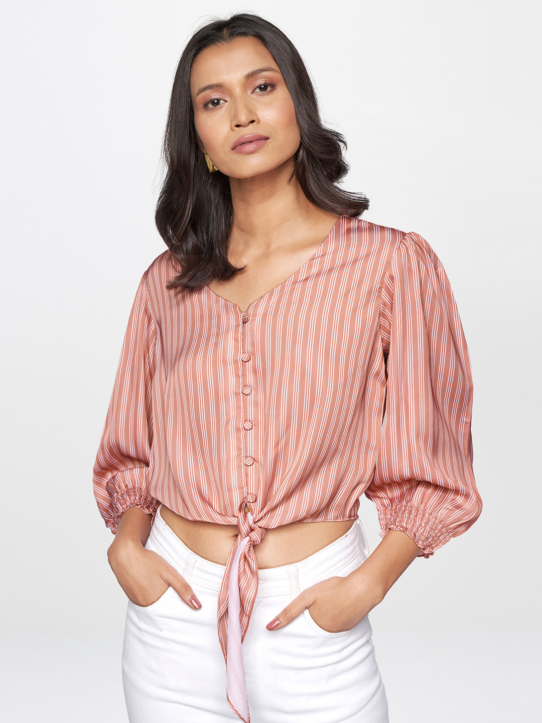 

AND Women Peach-Coloured Striped Shirt Style Crop Top