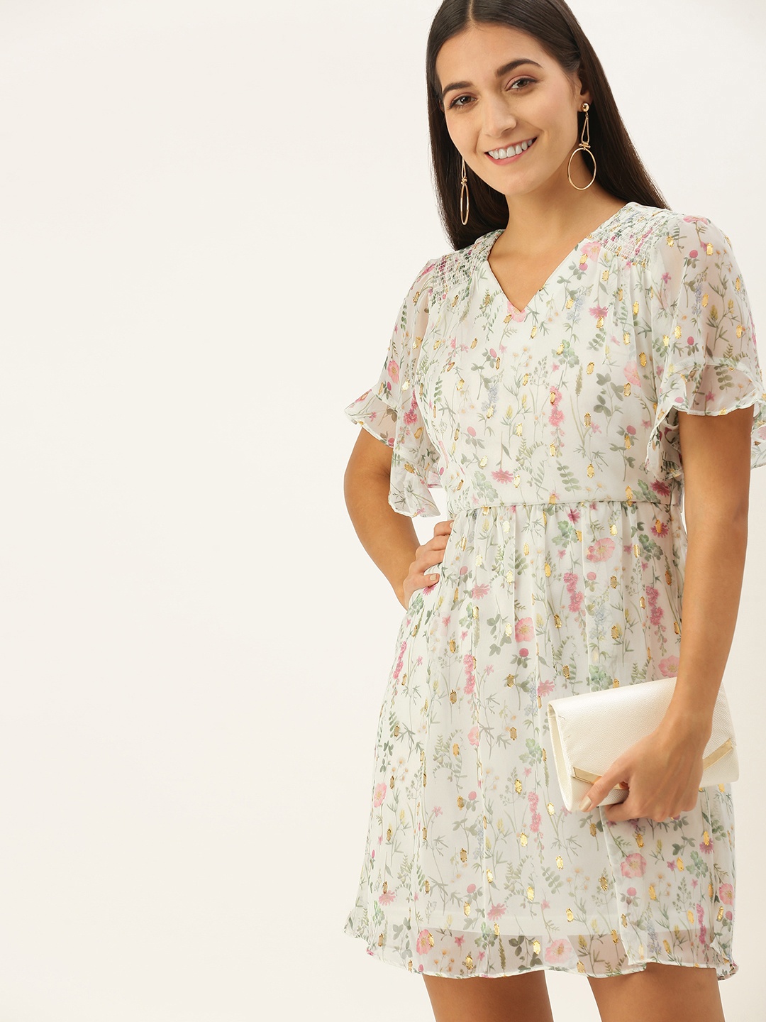 

AND White & Green Floral Smocked Blouson Mini Dress
