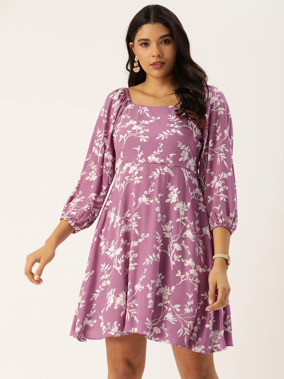 

AND Purple & White Floral Printed Fit and Flare Dress