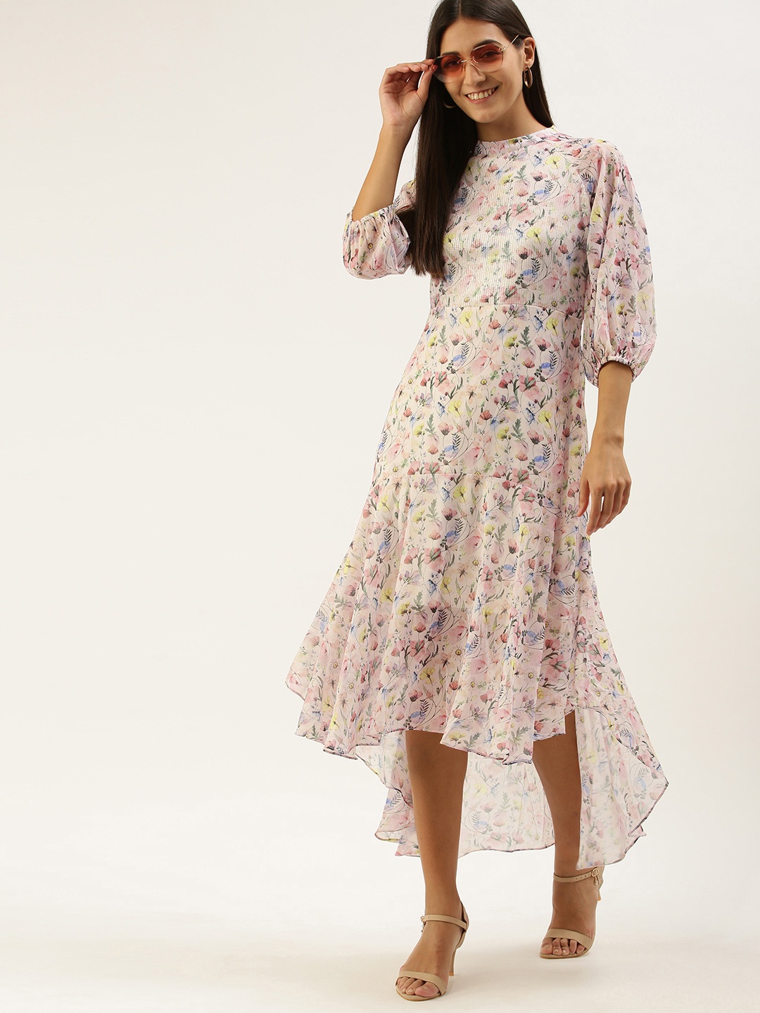 

AND White Floral A-Line Asymmetric Hem Midi Dress