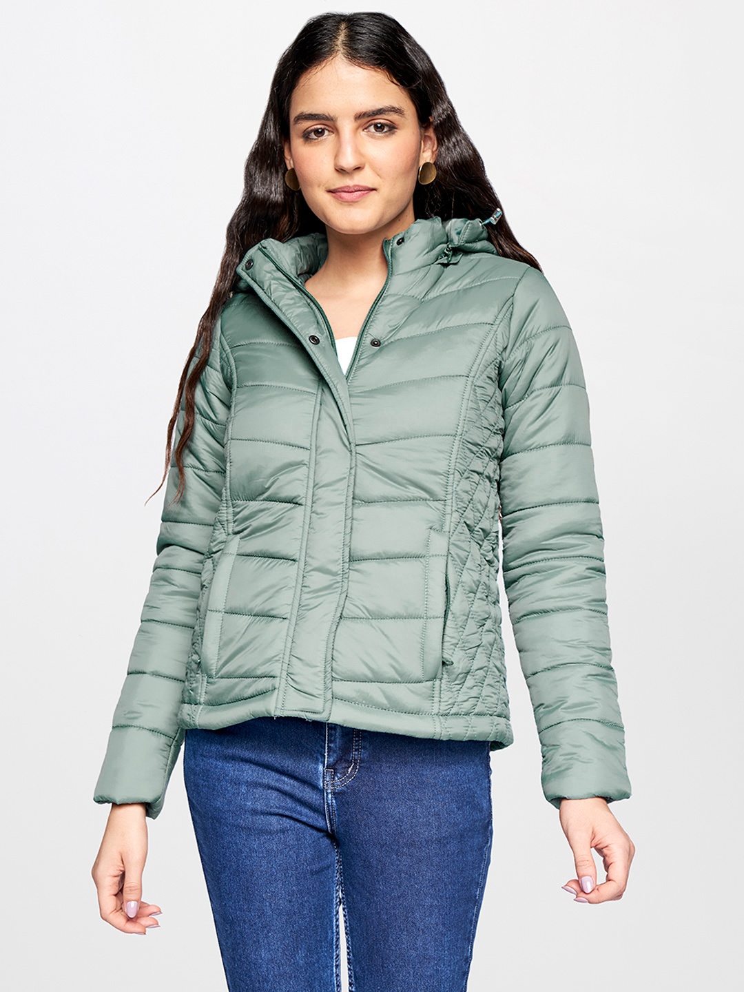 

AND Women Teal Green Solid Hooded Padded Jacket